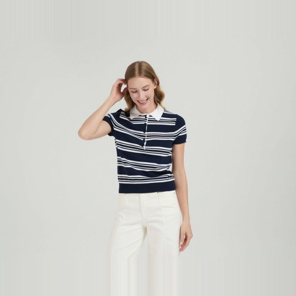 Women's Short Sleeve Polo Sweater - A New Day Navy Blue Striped M